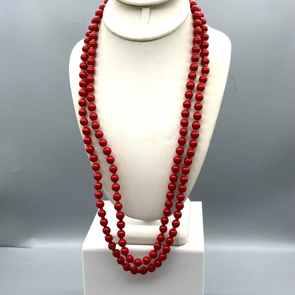 Red Bead Knotted Strand Necklace, Extra Long Vintage Pinup Fashion